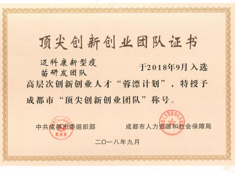 Certificate of Top Innovation and Entrepreneurship Team